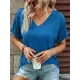 Buttoned Solid Color Loose Short Sleeves V-neck T-Shirts Tops