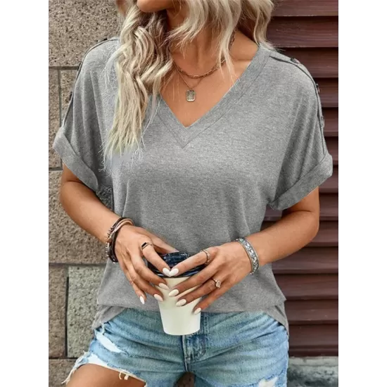 Buttoned Solid Color Loose Short Sleeves V-neck T-Shirts Tops