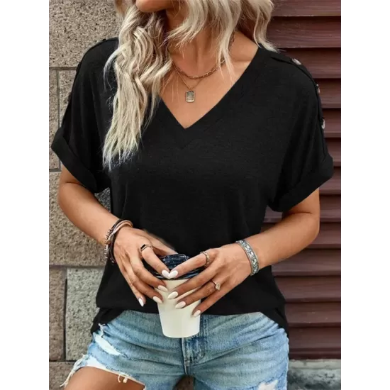 Buttoned Solid Color Loose Short Sleeves V-neck T-Shirts Tops