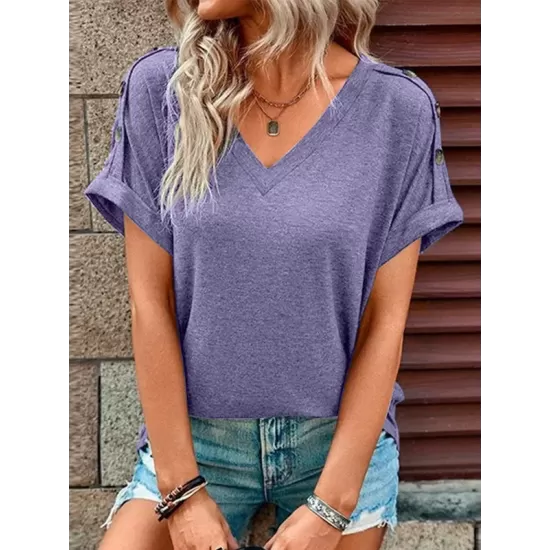 Buttoned Solid Color Loose Short Sleeves V-neck T-Shirts Tops