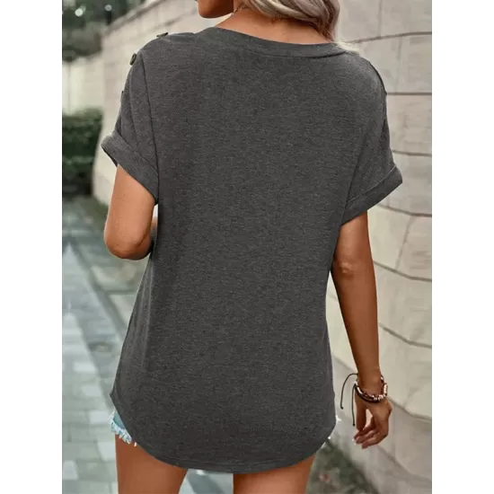 Buttoned Solid Color Loose Short Sleeves V-neck T-Shirts Tops