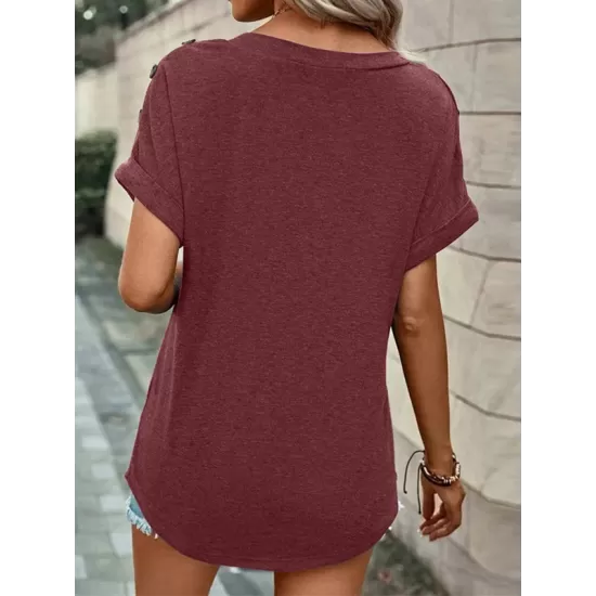 Buttoned Solid Color Loose Short Sleeves V-neck T-Shirts Tops