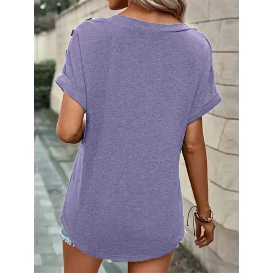 Buttoned Solid Color Loose Short Sleeves V-neck T-Shirts Tops