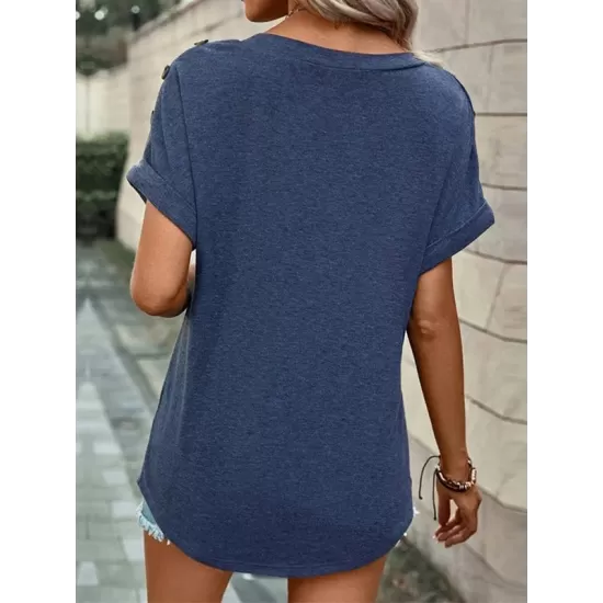 Buttoned Solid Color Loose Short Sleeves V-neck T-Shirts Tops