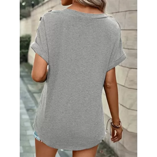 Buttoned Solid Color Loose Short Sleeves V-neck T-Shirts Tops