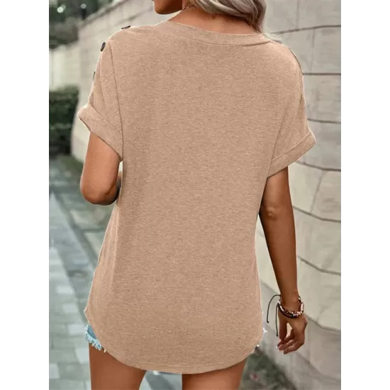 Buttoned Solid Color Loose Short Sleeves V-neck T-Shirts Tops