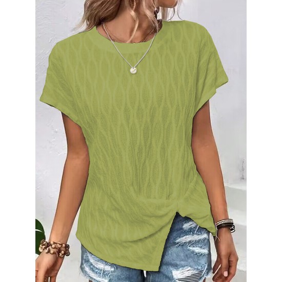 Jacquard Solid Color Split-Front Batwing Sleeves Loose Round-Neck T-Shirts Tops