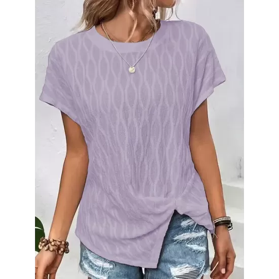 Jacquard Solid Color Split-Front Batwing Sleeves Loose Round-Neck T-Shirts Tops