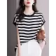 Contrast Color Striped Loose Plus Size Round-Neck T-Shirts