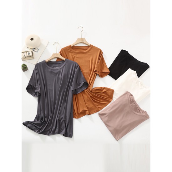 Solid Color Split-Joint Loose Short Sleeves Round-neck T-Shirts Tops