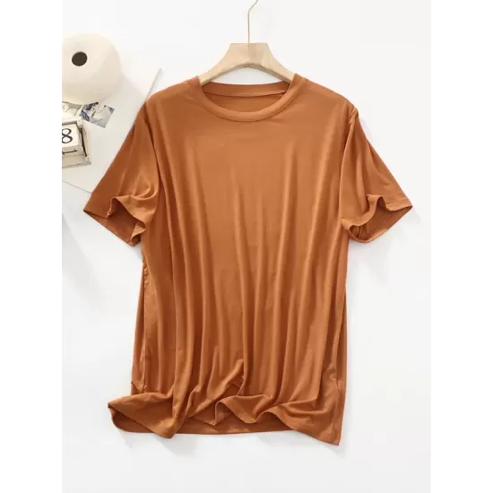 Solid Color Split-Joint Loose Short Sleeves Round-neck T-Shirts Tops