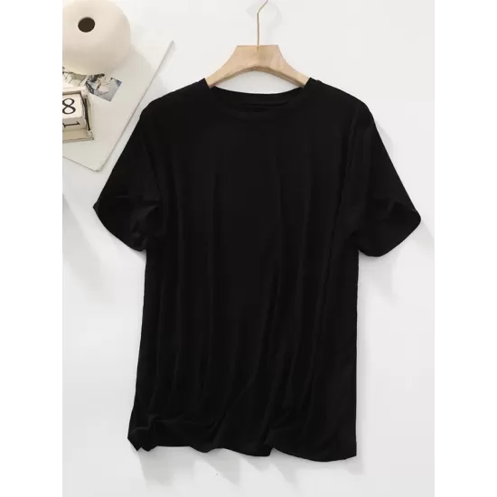 Solid Color Split-Joint Loose Short Sleeves Round-neck T-Shirts Tops