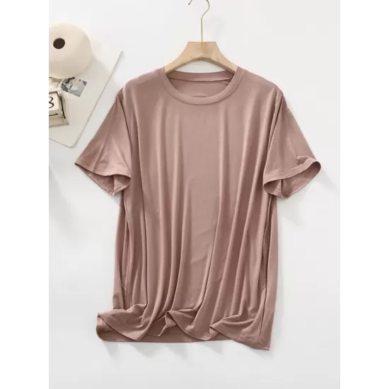 Solid Color Split-Joint Loose Short Sleeves Round-neck T-Shirts Tops