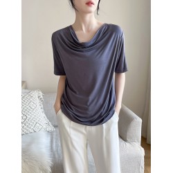 Pleated Solid Color Short Sleeves Heaps Collar T-Shirts Tops