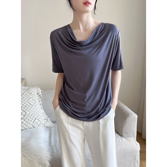 Pleated Solid Color Short Sleeves Heaps Collar T-Shirts Tops