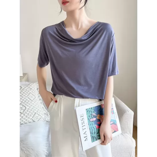 Pleated Solid Color Short Sleeves Heaps Collar T-Shirts Tops