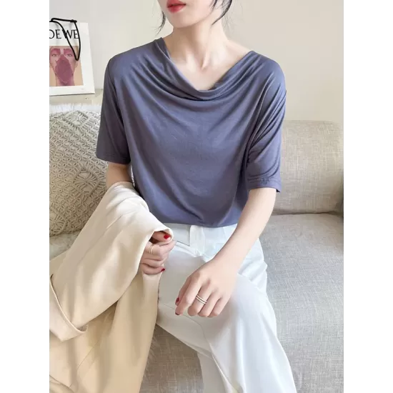 Pleated Solid Color Short Sleeves Heaps Collar T-Shirts Tops