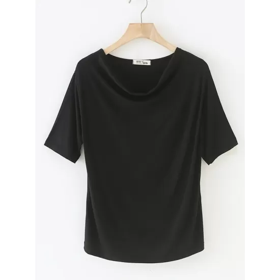 Pleated Solid Color Short Sleeves Heaps Collar T-Shirts Tops