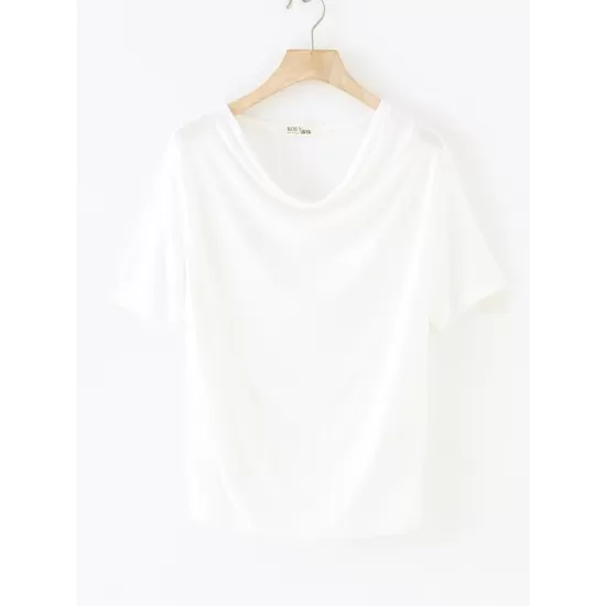 Pleated Solid Color Short Sleeves Heaps Collar T-Shirts Tops