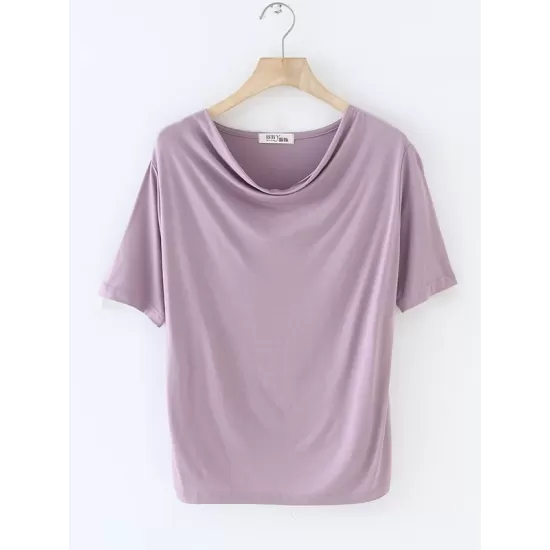 Pleated Solid Color Short Sleeves Heaps Collar T-Shirts Tops