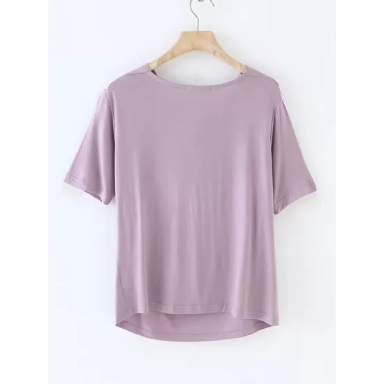 Pleated Solid Color Short Sleeves Heaps Collar T-Shirts Tops