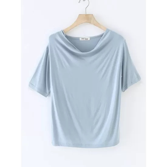 Pleated Solid Color Short Sleeves Heaps Collar T-Shirts Tops