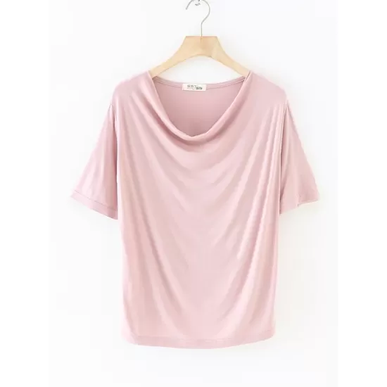 Pleated Solid Color Short Sleeves Heaps Collar T-Shirts Tops