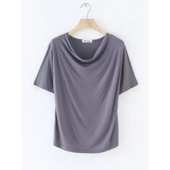 Pleated Solid Color Short Sleeves Heaps Collar T-Shirts Tops