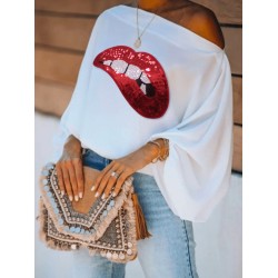 Loose Puff Sleeves Contrast Color Printed One-Shoulder T-Shirts