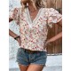 Falbala Floral Printed Split-Joint Loose Petal Sleeves V-Neck T-Shirts Tops