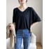 Solid Color Split-Joint Loose Short Sleeves V-neck T-Shirts Tops