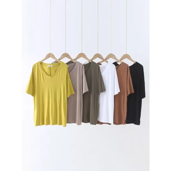 Solid Color Split-Joint Loose Short Sleeves V-neck T-Shirts Tops