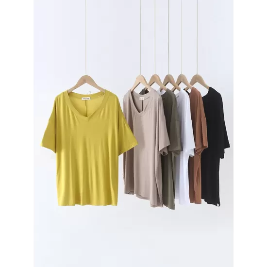 Solid Color Split-Joint Loose Short Sleeves V-neck T-Shirts Tops