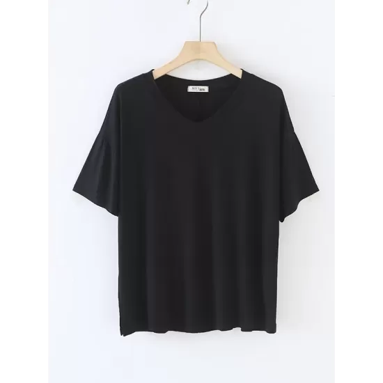 Solid Color Split-Joint Loose Short Sleeves V-neck T-Shirts Tops