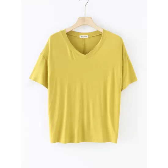 Solid Color Split-Joint Loose Short Sleeves V-neck T-Shirts Tops