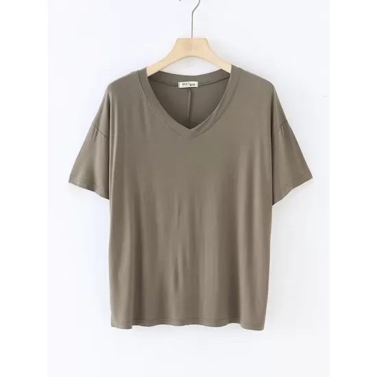 Solid Color Split-Joint Loose Short Sleeves V-neck T-Shirts Tops