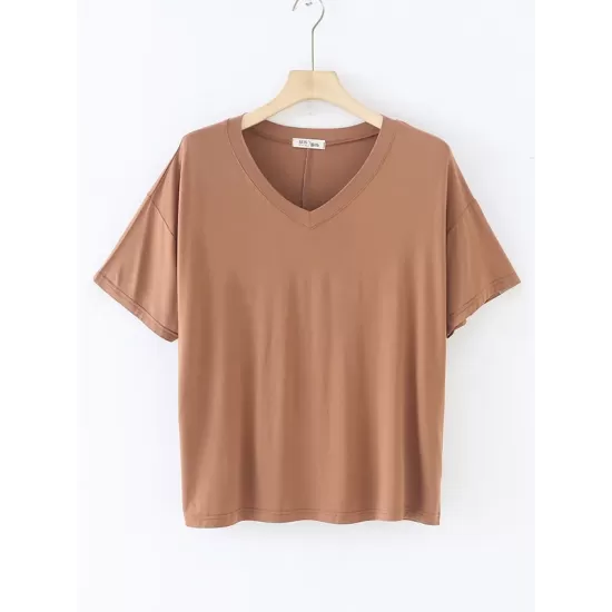 Solid Color Split-Joint Loose Short Sleeves V-neck T-Shirts Tops