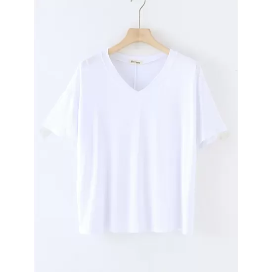 Solid Color Split-Joint Loose Short Sleeves V-neck T-Shirts Tops