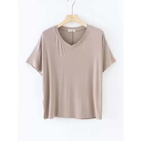 Solid Color Split-Joint Loose Short Sleeves V-neck T-Shirts Tops