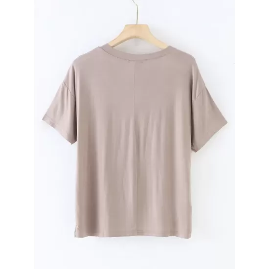 Solid Color Split-Joint Loose Short Sleeves V-neck T-Shirts Tops