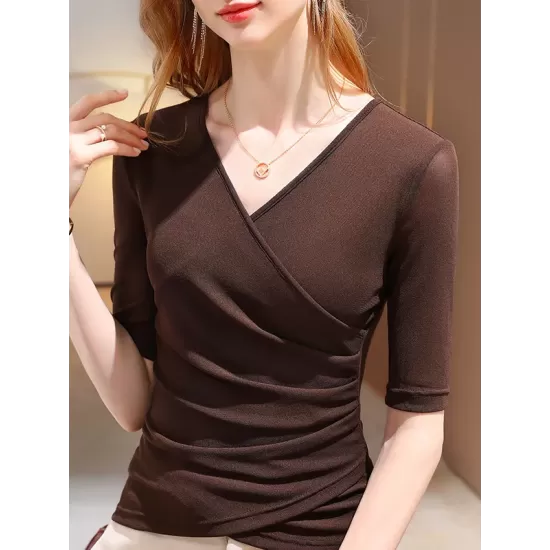 Asymmetric Pleated Solid Color Split-Joint Half Sleeves Plus Size V-Neck T-Shirts Tops