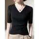 Asymmetric Pleated Solid Color Split-Joint Half Sleeves Plus Size V-Neck T-Shirts Tops