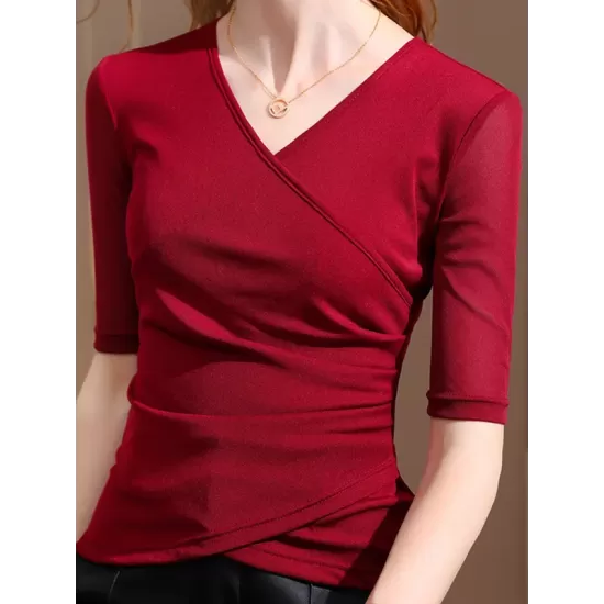 Asymmetric Pleated Solid Color Split-Joint Half Sleeves Plus Size V-Neck T-Shirts Tops