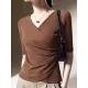 Asymmetric Pleated Solid Color Split-Joint Half Sleeves Plus Size V-Neck T-Shirts Tops