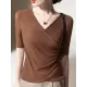 Asymmetric Pleated Solid Color Split-Joint Half Sleeves Plus Size V-Neck T-Shirts Tops