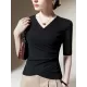 Asymmetric Pleated Solid Color Split-Joint Half Sleeves Plus Size V-Neck T-Shirts Tops