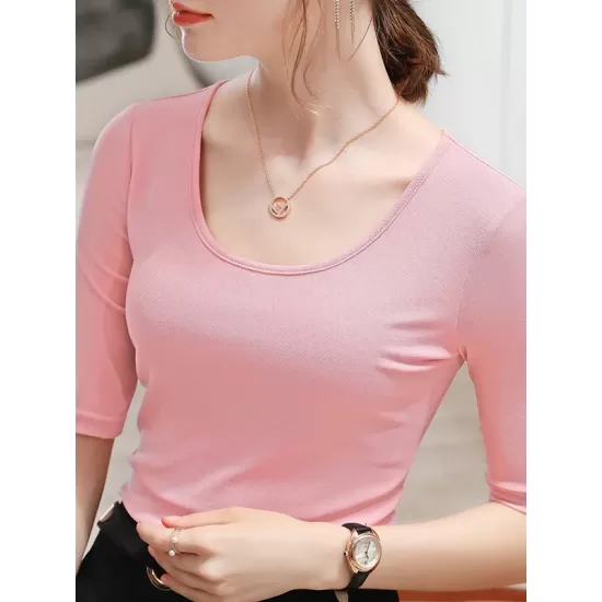 Gauze Solid Color Half Sleeves Plus Size Round-Neck T-Shirts Tops