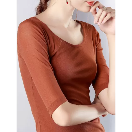 Gauze Solid Color Half Sleeves Plus Size Round-Neck T-Shirts Tops