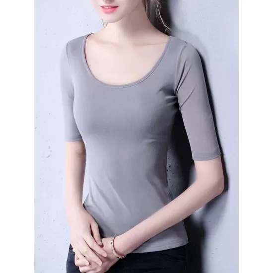 Gauze Solid Color Half Sleeves Plus Size Round-Neck T-Shirts Tops