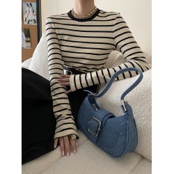 Contrast Color Striped Long Sleeves Skinny Round-Neck T-Shirts Tops